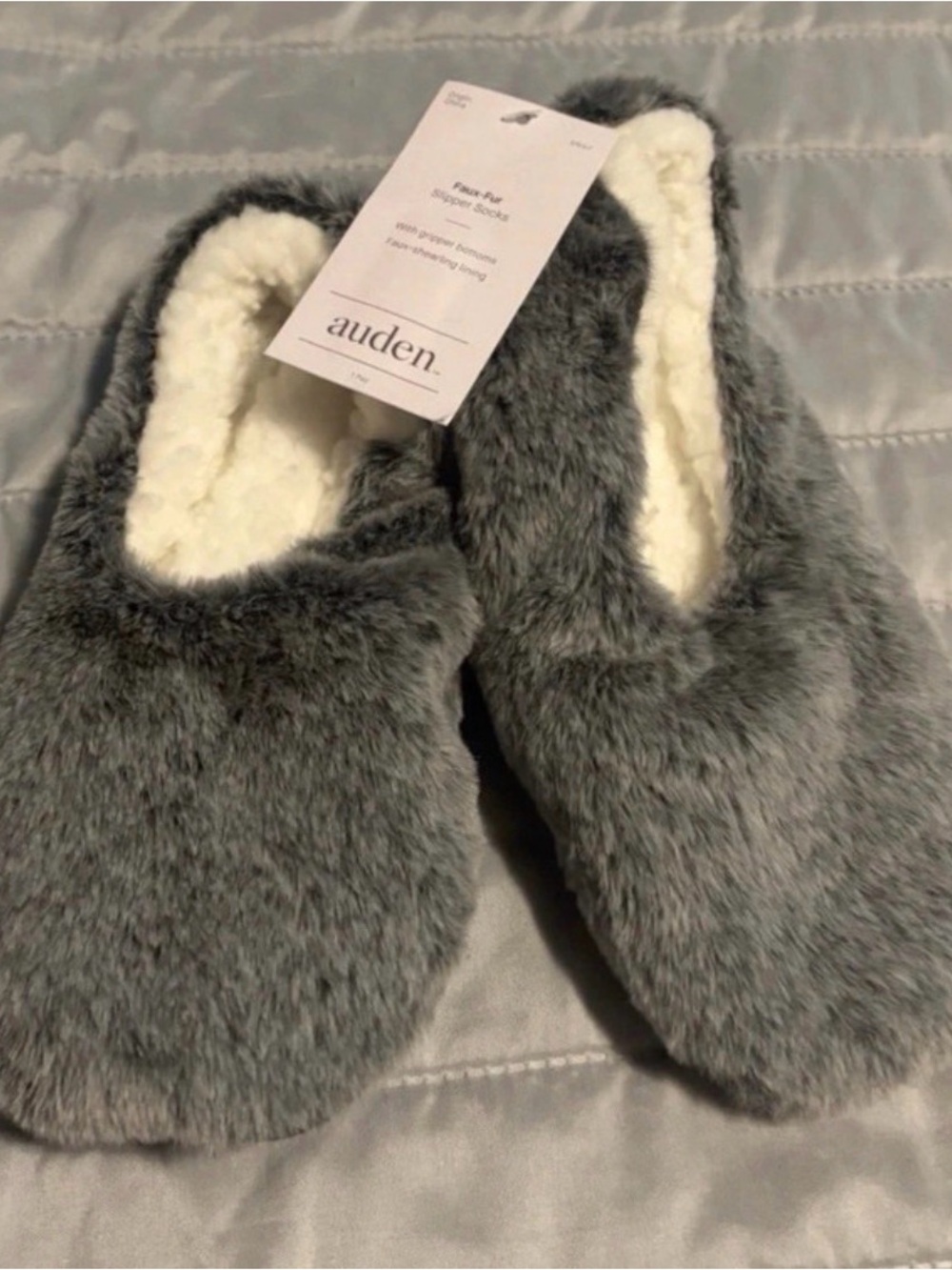 Auden Gray Faux-Fur Slipper Socks with Cream Lining